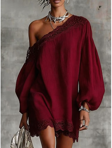  Dames Mini-jurk Boho-jurk Elegant Vakantie Ruim Passend Effen Lange mouw Schouderafhangend bordeaux bleek roze grijs Zwart Zomer