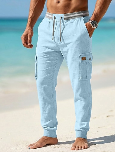  Homme Pantalons en Lin Pantalon d'été Pantalons Amples Cordon de serrage Taille Élastique Uni Confort Respirant Longueur complète Occasionnel Quotidien Extérieur Vacances Mode Bleu Noir Élastique