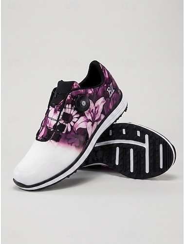  Paarse golfschoenen voor dames met bloemenprint - sneakers met elastische band, comfortabele outdoorschoenen voor golf &vrijetijdskleding