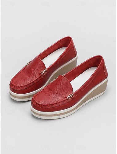  Rode damesloafers met sleehak van imitatieleer - lichtgewicht, comfortabele instapschoenen met platformzool voor casual gebruik, reizen en dagelijks gebruik.