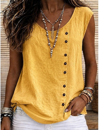  Dames Overhemden met linnenlook T-shirt Overhemd van imitatie linnen Knop Effen Kleur Modieus Stijlvol Klassiek Mouwloos Strakke ronde hals Vierkante hals Ronde hals Lange tops Casual Dagelijks