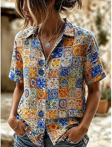  Dames Overhemd Bloemig Grafisch Elegant Bohemen Vakantie Korte mouw V-hals Overhemdkraag Normale tops Casual Dagelijks blauw Rood Oranje Zomer Lente