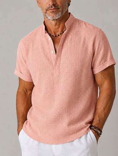 camicia da uomo in lino, camicia popover, camicia con colletto alla coreana - casual, quotidiana, nera, rosa, maniche corte, henley, abbigliamento estivo