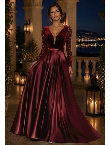  A-Linie Bodenlang Abendkleid Kleid der Brautmutter Abendkleid Festliche Kleidung Elegant Glitzernd Glitzern Langarm V Ausschnitt Hochzeit Formell Satin Paillettenbesetzt mit Einfarbig