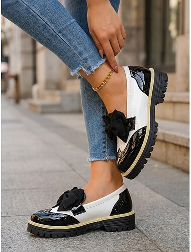  dames retro zwart &Witte Oxford loafers - klassieke brogueschoenen met strikdetail. &stevige zool voor dagelijks gebruik op kantoor of school &ontspannen wandelen
