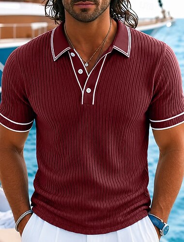  Per uomo Polo Top a Maglia a Coste Casuale Ferie Bavero Colletto Polo a Coste Manica Corta Essenziale Moderno Semplice Testurizzato Leggero Bottoni Primavera & Estate Blu Bianco Vino Blu marino Grigio