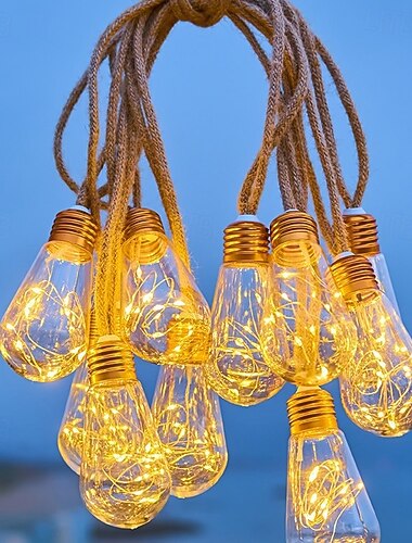  Solar-Lichterkette für den Außenbereich, Vintage-Solar-Lichterkette aus Hanfseil für Terrasse und Balkon, wasserdichte, warmweiße Solar-Lichterkette mit bruchsicheren Glühbirnen für Garten, Zaun,