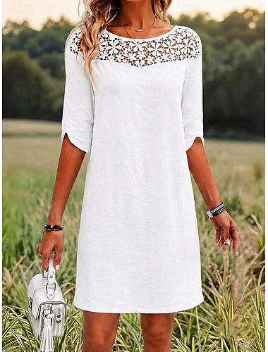  Damen Knielanges Kleid Spitzenkleid Weißes Kleid Elegant Mode Strand Urlaub Ferien Normale Passform Einfach Halbarm Rundhalsausschnitt Weiß Sommer Frühling