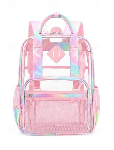 Rugzak voor meisjes voor de terug-naar-schoolperiode, grote transparante schooltas van pvc met meerdere vakken, roze, paars en zwart, waterdicht, ideaal voor de basisschool. &middelbare scholieren,