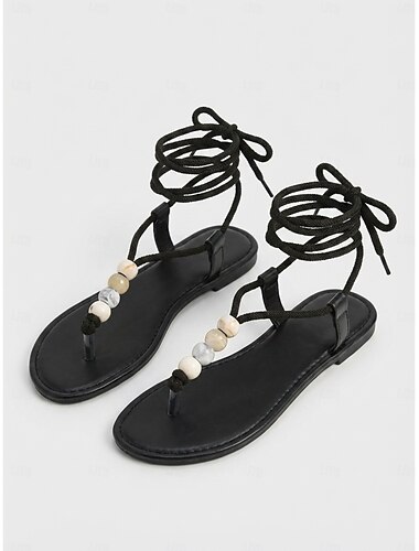  Damessandalen met bandjes in bohemian stijl - zwarte gladiatorsandalen met marmeren kralenaccenten en verstelbare vetersluiting bij de enkel, perfect voor zomerse strandvakanties en uitstapjes in de