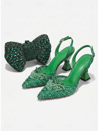  Women's Gold Heavy-Duty Rhinestone Shoe and Bag Set: Sparkling Multi-Color Gemstone Floral Heels with Clutch for Parties