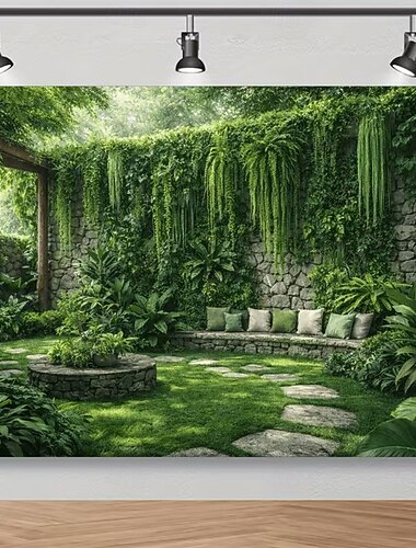  Tapisserie murale luxuriante représentant un jardin verdoyant, plantes suspendues dans une cour en pierre, décoration murale naturelle pour le salon et la chambre