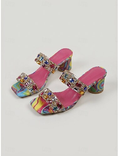  Sandálias femininas coloridas de salto bloco - mules com detalhes em cristal, perfeitas para jantares de férias, festas na praia e noites de verão.
