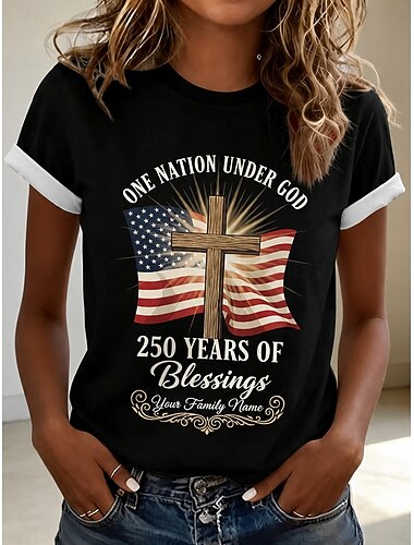  Amerikanischer Unabhängigkeitstag Damen T Shirt Druck Grafik Amerikanische Flagge Vintage Mode Lässig Kurzarm Rundhalsausschnitt Normale Oberteile Lässig Täglich Wochenende Schwarz Weiß Sommer