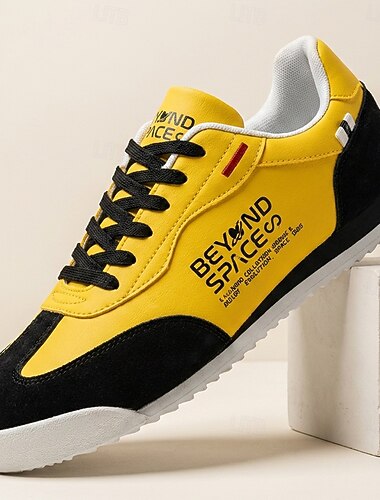  Baskets décontractées jaunes et noires pour homme, à lacets, légères et confortables, chaussures de marche tendance à tige basse, idéales au quotidien, en voyage, pour les sorties du week-end et le style urbain.