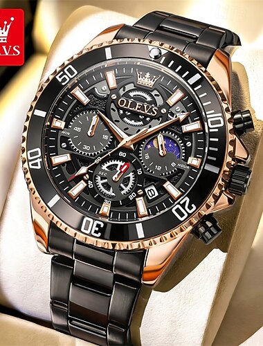  Olevs Herrenuhr, Luxus-Chronograph, Business-Mode, Edelstahl, wasserdicht, mit Sonne, Mondphase, Leuchtdatum, Quarz, Multifunktionsuhr, schwarz-roségolden, Geschenk für Männer