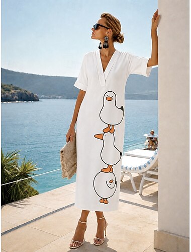  Women's Midi Dress Shift Dress Sundress White Dress Summer Dress Vacation Daily Outdoor Beach Loose Fit Floral Graphic Geometric Short Sleeve V Neck Blue Light Yellow White Light Grey Summer Spring