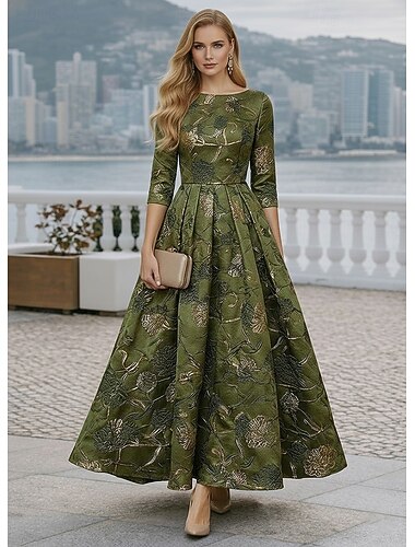  A-Linie Knöchellänge Abendkleid Cocktailkleider Elegant Formell / Schwarze Krawatte Dreiviertelarm U-Boot-Ausschnitt Hochzeit Formell Jacquard mit Falten