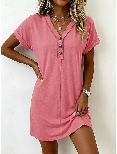  Dam Knälång klänning Vardagsklänning T shirtklänning Sommarklänning Grundläggande Klassisk Dagligen Semester Normal Slät Kortärmad V-hals Rodnande Rosa Rubinrött Grön Mörkblå Sommar Vår