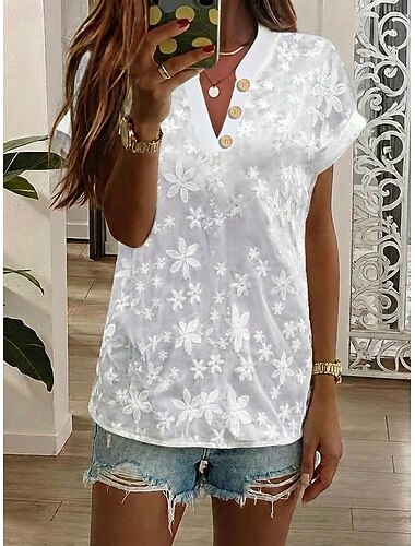  Dames Blouse Kanten topjes Kant Geborduurd Bloemig Stijlvol Modern Korte mouw V-hals Normale tops Dagelijks Strand Feestdagen blauw Khaki Zwart Wit Zomer Lente