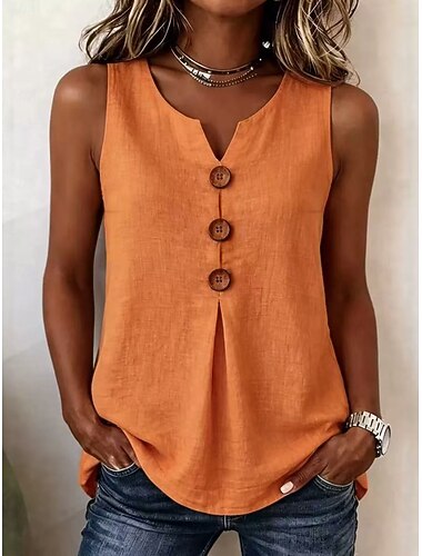 Mulheres Camisa Social Blusas sem mangas Côr Sólida Elegante Sem Manga Decote V Tops regulares Diário Praia Azul Claro Vermelho-alaranjado Preto Branco Damasco Verão Primavera