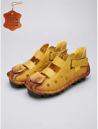  Sandalias cerradas de piel auténtica amarilla para mujer: zapatos cómodos y transpirables con aberturas y cierre de velcro para caminar, viajar y uso diario. & exterior