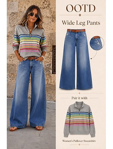  Dames Jeans Breed Been Modieus Streetwear Casual Volledige lengte Middelhoge taille Effen Zak Comfortabel Micro-elastisch Dagelijks Buiten Vakantie Blauw Lente Herfst Ruim Passend