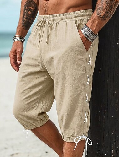  Herre caprishorts Lin Shorts Sommershorts Strandshorts Løstsittende shorts Snorer Lomme Elastisk midje عادي Komfort Pustende Kalv lengde Avslappet utendørs Feriereise Mote Designer Blå Kakifarget