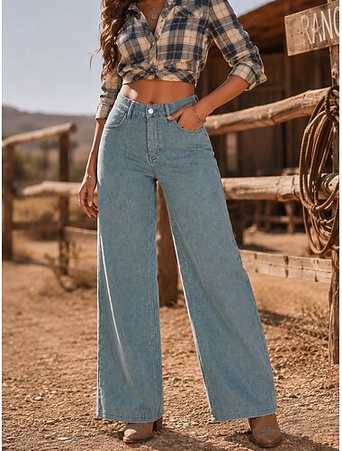  Damen Jeans Jeansstoff Weites Bein Chinos Mode Volle Länge Hohe Taille Schwarz Hellblau Grau Frühling