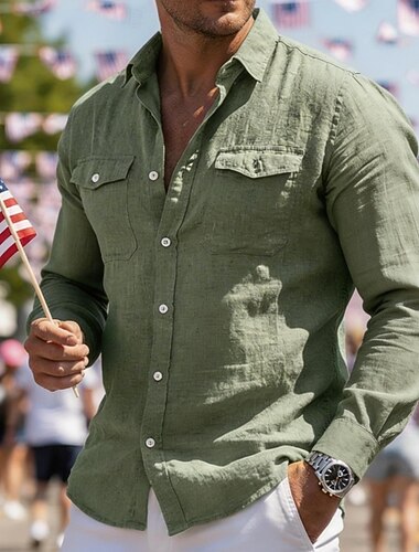  Per uomo Camicia Camicia Estiva Camicia button-down Camicia da Spiaggia Camicia in cotone e lino Semplice Casuale All'aperto Nero Bianco Blu marino Cachi Manica Lunga Collo ripiegato Estate Primavera