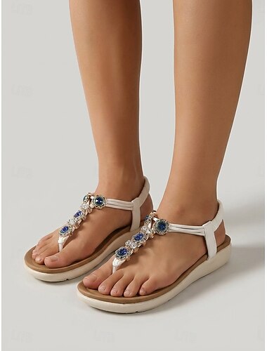  Witte boho teensandalen voor dames - elegante platte sandalen met strasssteentjes en een elastisch enkelbandje, perfect voor een eilandvakantie of strandcruise. &zomerresort