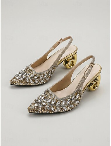  Kvinders guld glimmer slingback pumps med krystaludsmykning og geometrisk skulpturel hæl - sexede arkitektonisk statement hæle til fester