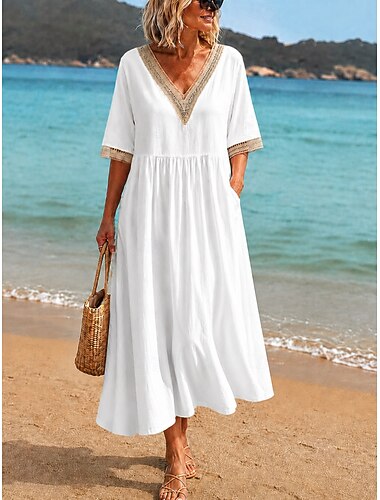  Dames Halflange jurk Kanten jurk Witte jurk Zomerjurk Elegant Modieus Dagelijks Strand Vakantie Ruim Passend Effen Halve mouw V-hals Wit Marineblauw Licht Blauw Zomer Lente