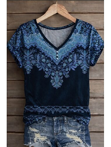  Dames T-shirt Afdrukken Bloemig Grafisch Planten Vintage Stijlvol Klassiek Korte mouw V-hals Normale tops Dagelijks Weekend blauw Bruin Grijs Zomer Lente Herfst Winter