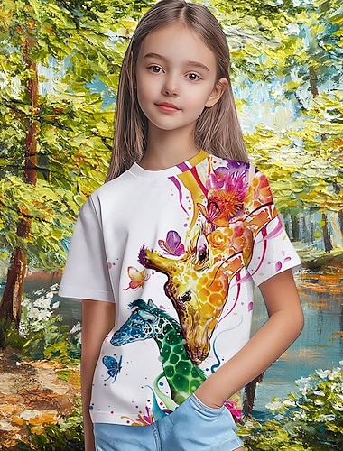  Ragazze 3D Grafico Animale Giraffa Maglietta Manica Corta Stampa 3D Primavera Attivo Carino Bambini 5-12 anni Quotidiano Scuola Vestibilità regolare