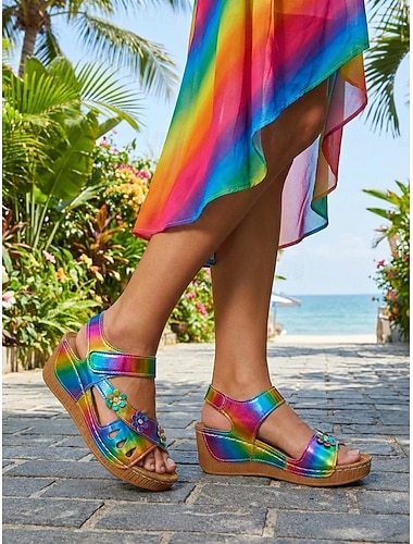  Sandali con zeppa casual colorati da donna – scarpe estive decorate con fiori, sandali aperti con velcro regolabili per feste in giardino e viaggi &abbigliamento quotidiano
