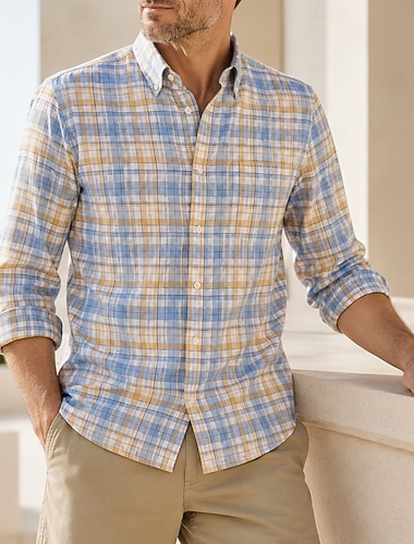  camicia da uomo in tessuto Oxford, camicia elegante a quadri giallo chiaro