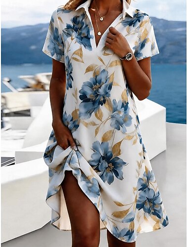  Mulheres Minivestido Vestido A Line Férias Casual Boho Diário Praia Ajuste Largo Floral Gráfico Manga Curta Decote V Lapela Azul Céu Verão Primavera
