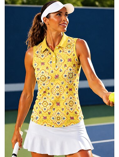  Per donna Geometrico Top Maglietta sportiva Polo da golf Maglia da tennis Senza Maniche Cerniera Floreale UPF50+ Resistente ai Raggi UV Alta elasticità Traspirante Tennis Golf Pickleball Colletto