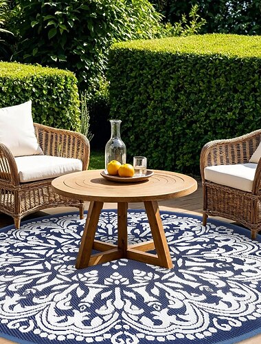  Tappeto rotondo impermeabile per esterni, tappeto pieghevole geometrico smerlato in plastica effetto paglia per patio e campeggio, tappeto per camper per esterni, terrazza, veranda, balcone, giardino,