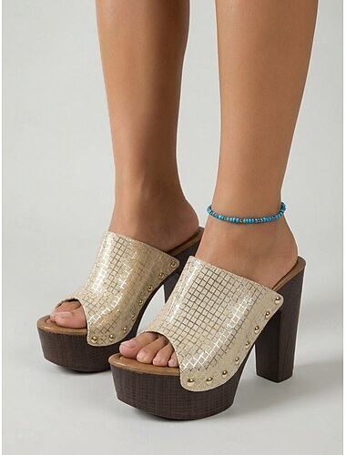  Gouden sandalen met blokhak voor dames - platform slippers met hoge hak voor het nachtleven, feestjes en clubkleding.