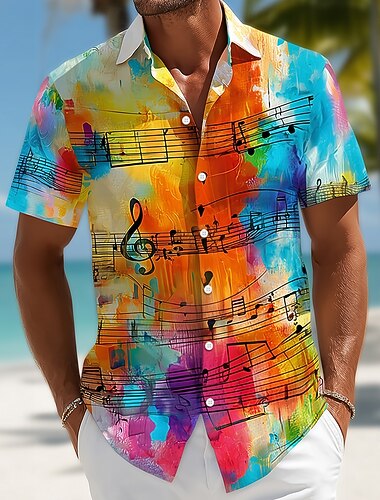  Homme Notes de Musique Blocage de couleurs Chemise Chemise d'été Chemise Boutonnée Manche Courte Vintage Rétro Festival de Musique Vacances à la Plage Été Printemps Col Rabattu Impression 3D chemises