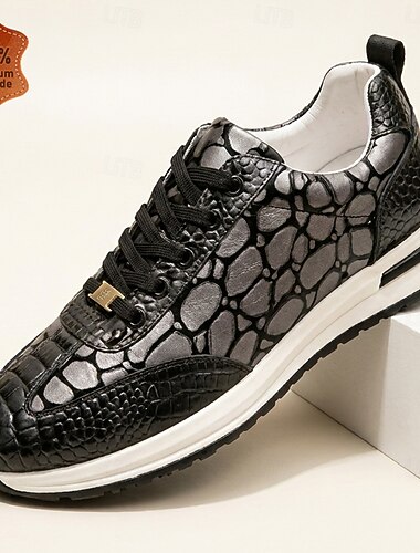  Baskets basses à lacets pour homme, style décontracté, noires, en cuir façon croco, légères et tendance, parfaites au quotidien, en voyage, en soirée ou avec une tenue décontractée chic.