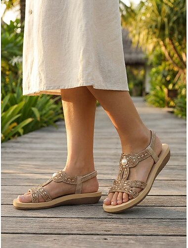  Champagnerfarbene Strass-Keilsandalen für Damen – elegante, funkelnde Boho-Sandalen mit Perlenverzierung &Elastischer Rückenriemen für Outdoor-Urlaube und Strandresorts &Sommerkreuzfahrten
