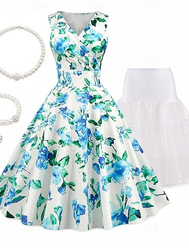  Conjunto Anos 50 Retro Vintage Meio-dia Longuette Vestidos Anágua Festa a Fantasia com acessórios Normal Sem Mangas Ajuste e alargamento Floral Justo & Evasê Balanço Decote V Fantasia Mulheres Dia