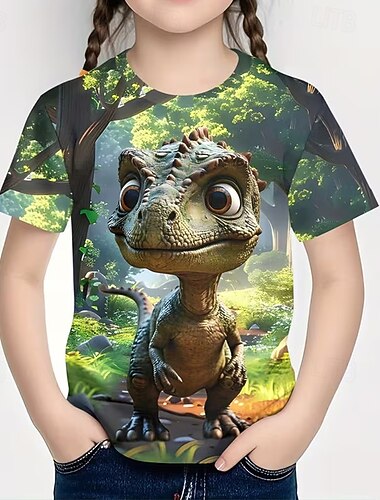  Mädchen 3D Grafik Dinosaurier T-Shirt Kurzarm 3D-Druck Sommer Frühling Sport Mode Streetwear Kinder 4-7 Jahre Rundhalsausschnitt Lässig Täglich Outdoor Normale Passform