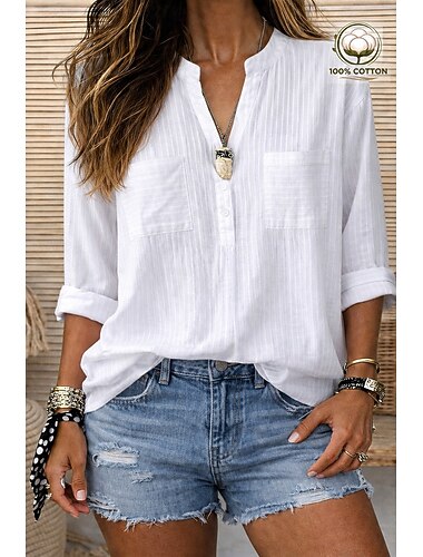  Damen 100% Baumwolle Hemd Popover Hemd Sommerhemd Shirt Einfarbig Schlicht Urlaub Mode Lässig Langarm Rundhals Lange Tops Streetwear Strand Feiertag Weiß Sommer Frühling Herbst