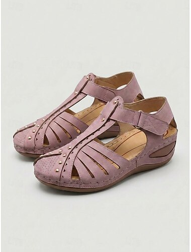 Roze, ademende, open gladiatorsandalen voor dames, lichtgewicht casual sandalen met klinknagels en klittenbandsluiting, comfortabele wandelschoenen voor dagelijks gebruik en reizen. &ongedwongen