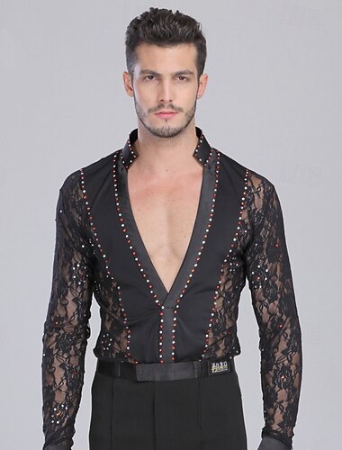  Camicia da ballo latino-americano da uomo nera - strass professionali &top da ballo da sala in pizzo