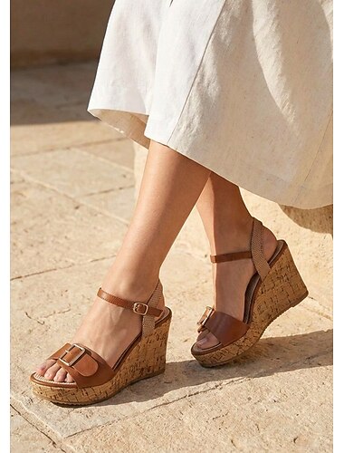  Sandali con zeppa in sughero marrone da donna - eleganti sandali con plateau e cinturino alla caviglia con fibbia dorata, perfetti per vacanze all'aria aperta in resort e feste estive in giardino.